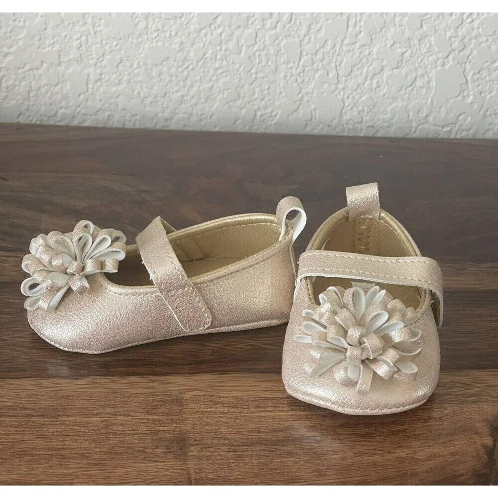 Laura Ashley Gold Baby Shoes Size 1 Flower strap NEW no box Baby gift shower